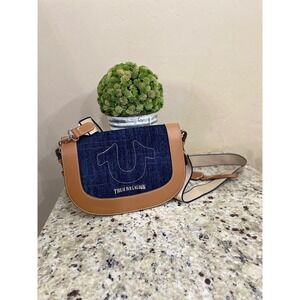 True Religion Denim and Brown Faux Leather Saddle Crossbody Bag w/ Guitar Strap